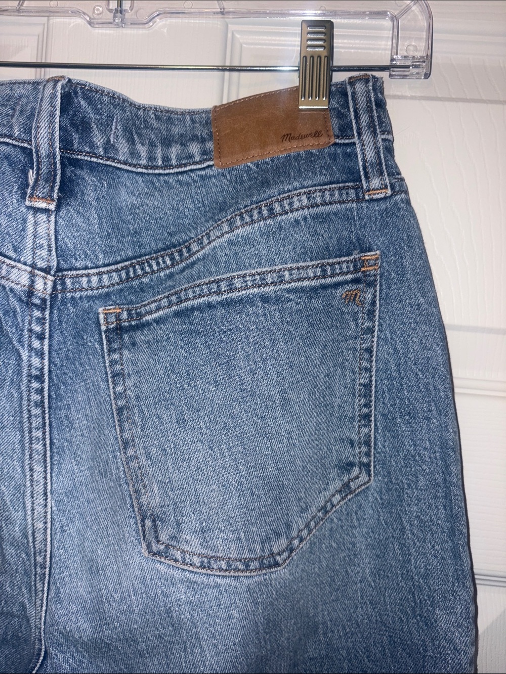 Madewell Straight Leg Jeans in Medium Blue Denim with Brown Leather Patch